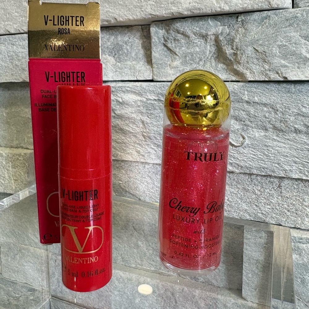 TRULY Cherry Bomb Luxury Lip Oil Gloss - Shimmery Red Pink & Valentino V-Lighter